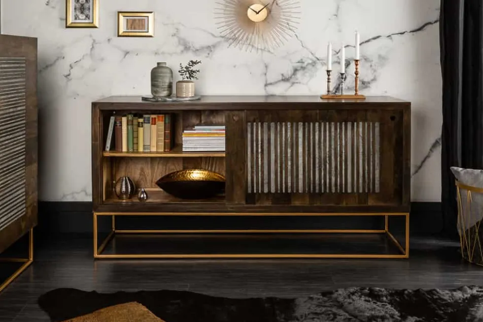 Massives Sideboard ONYX 160cm dunkelbraun gold Mangoholz Edelstein Achat Schiebetüren