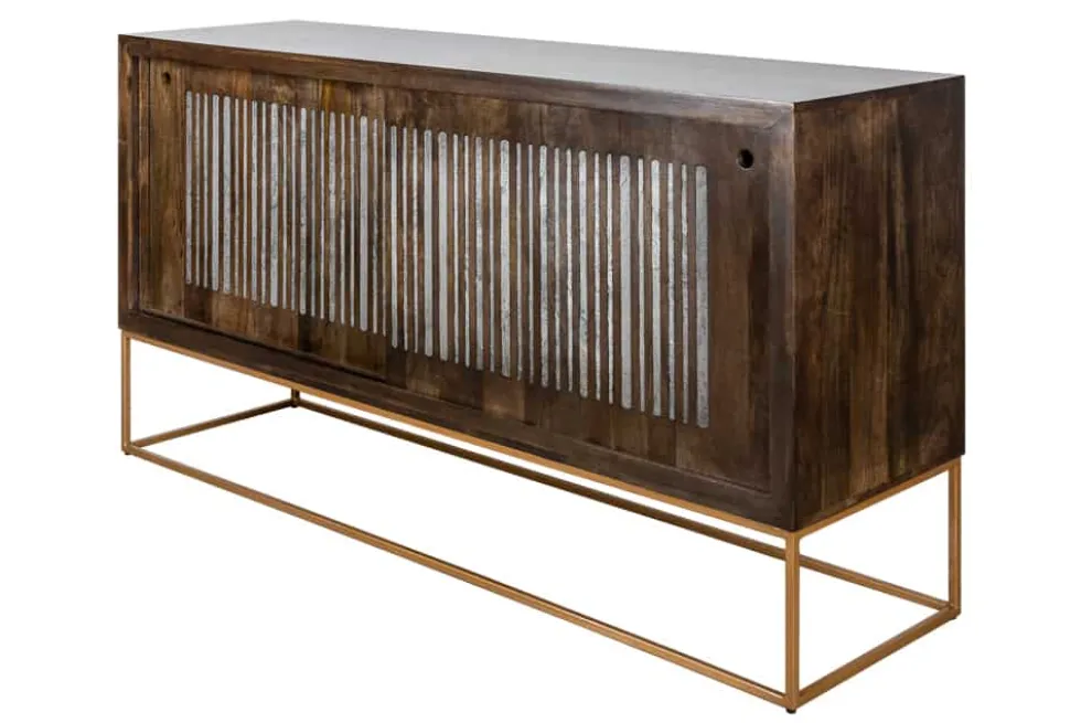 Massives Sideboard ONYX 160cm dunkelbraun gold Mangoholz Edelstein Achat Schiebetüren