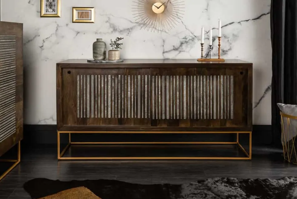Massives Sideboard ONYX 160cm dunkelbraun gold Mangoholz Edelstein Achat Schiebetüren