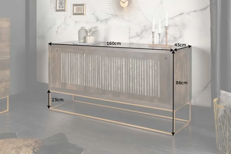 Massives Sideboard ONYX 160cm dunkelbraun gold Mangoholz Edelstein Achat Schiebetüren