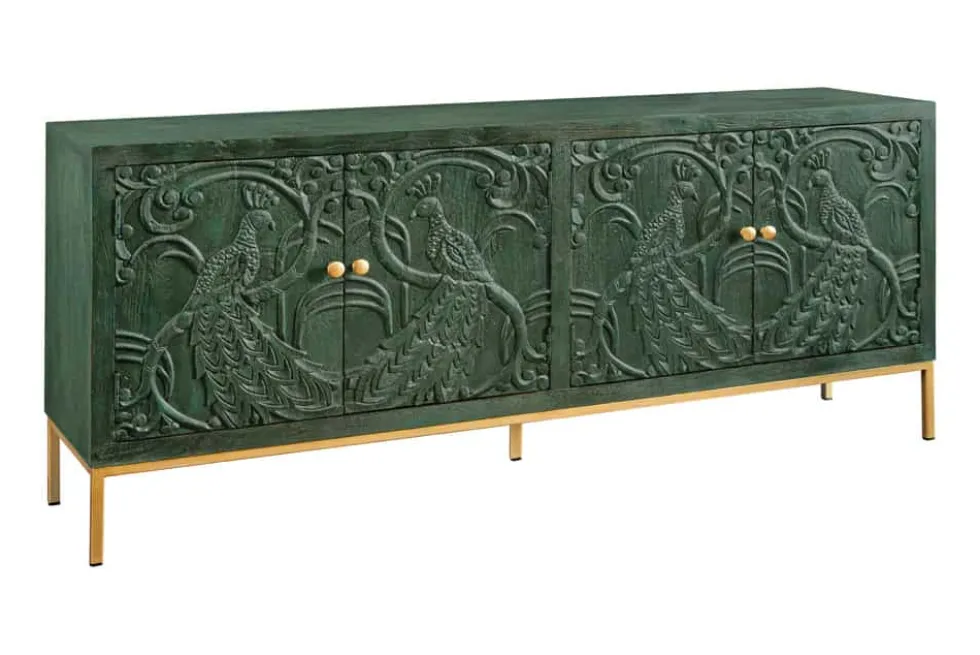 Massives Sideboard PEACOCK 175cm grün Mangoholz antik 3D Schnitzerei Pfau-Design