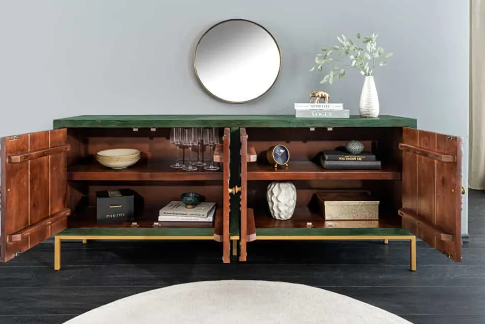 Massives Sideboard PEACOCK 175cm grün Mangoholz antik 3D Schnitzerei Pfau-Design