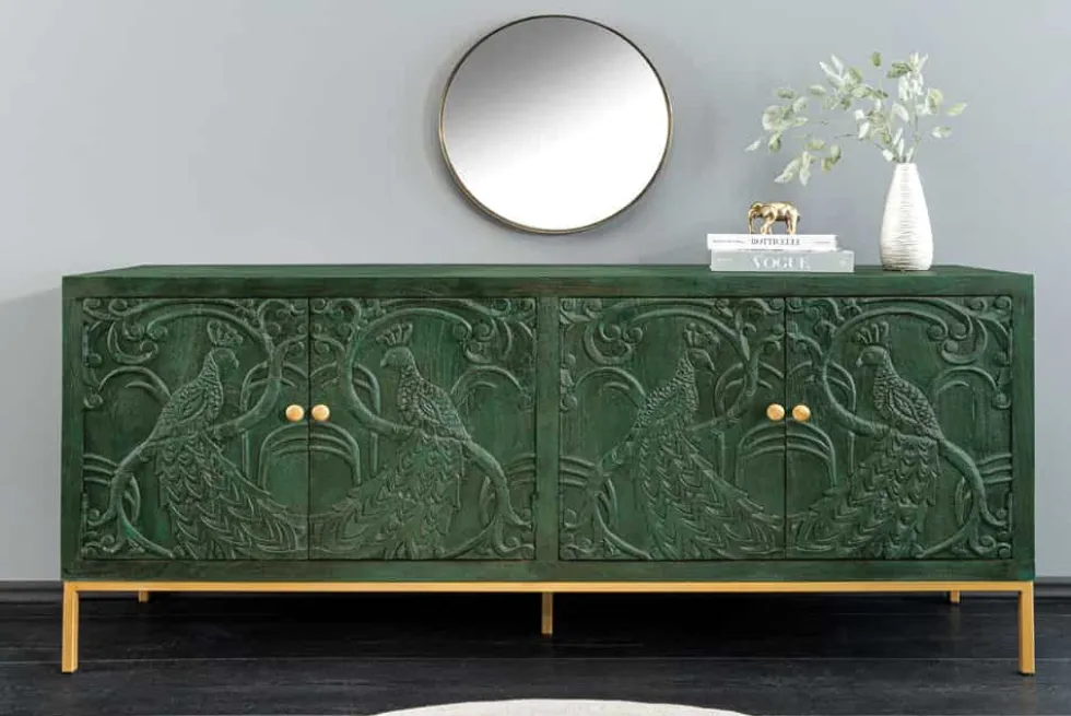 Massives Sideboard PEACOCK 175cm grün Mangoholz antik 3D Schnitzerei Pfau-Design