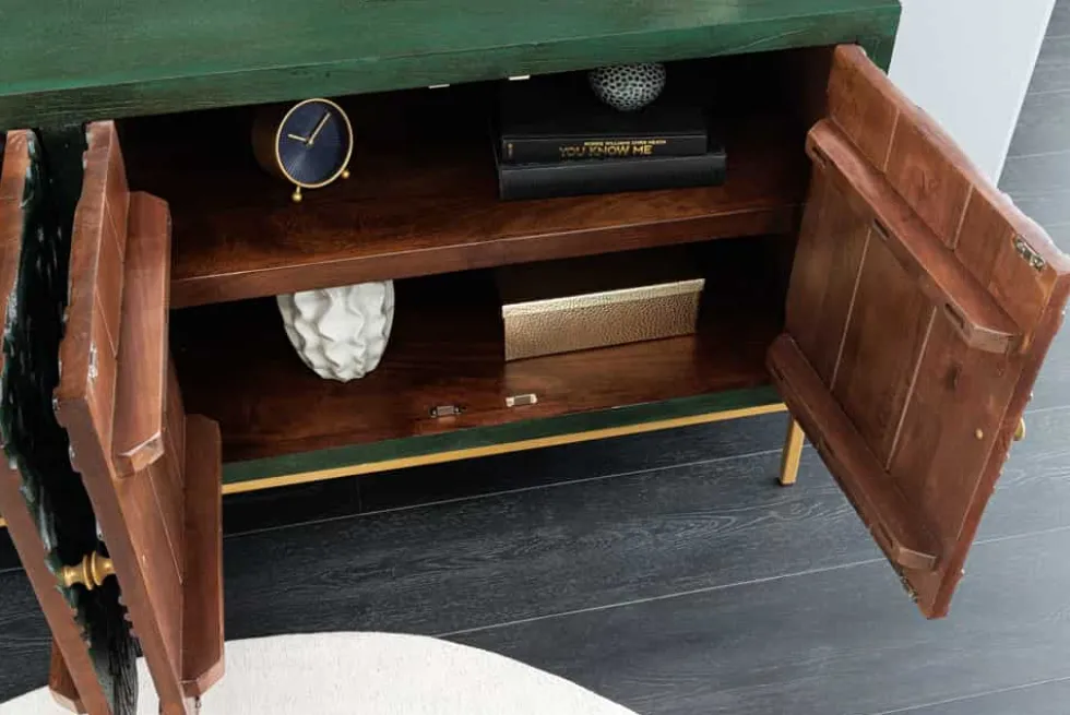 Massives Sideboard PEACOCK 175cm grün Mangoholz antik 3D Schnitzerei Pfau-Design