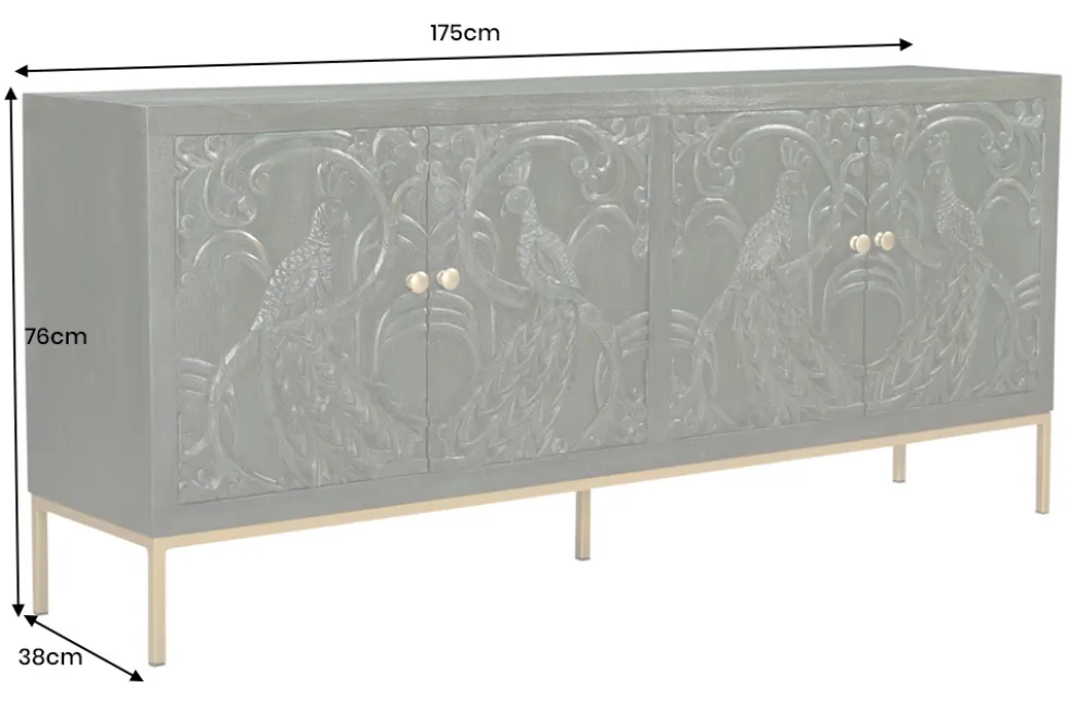 Massives Sideboard PEACOCK 175cm grün Mangoholz antik 3D Schnitzerei Pfau-Design