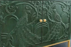 Massives Sideboard PEACOCK 175cm grün Mangoholz antik 3D Schnitzerei Pfau-Design