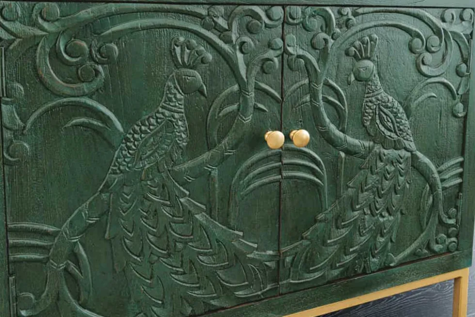 Massives Sideboard PEACOCK 175cm grün Mangoholz antik 3D Schnitzerei Pfau-Design