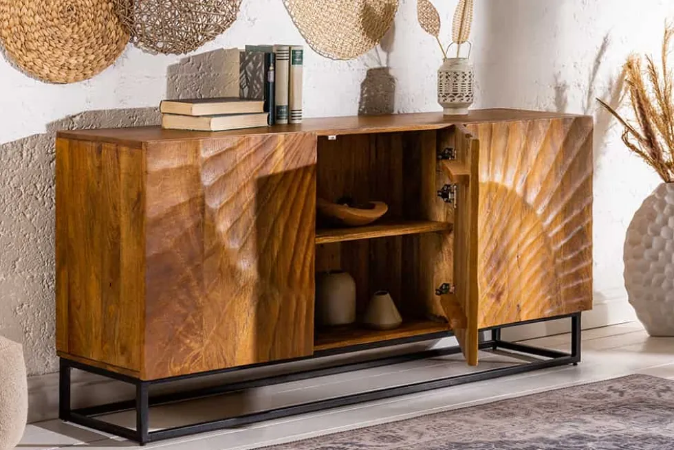 Massives Sideboard SCORPION 140cm braun Mangoholz aufwendige 3D Schnitzereien