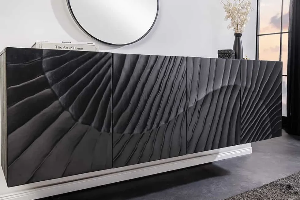 Massives Sideboard SCORPION 180cm schwarz hängend Mangoholz 3D-Design