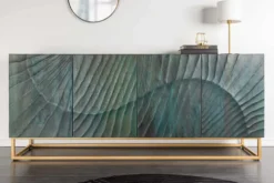 Massives Sideboard SCORPION 180cm türkis Mangoholz gold Metall 3D Schnitzereien