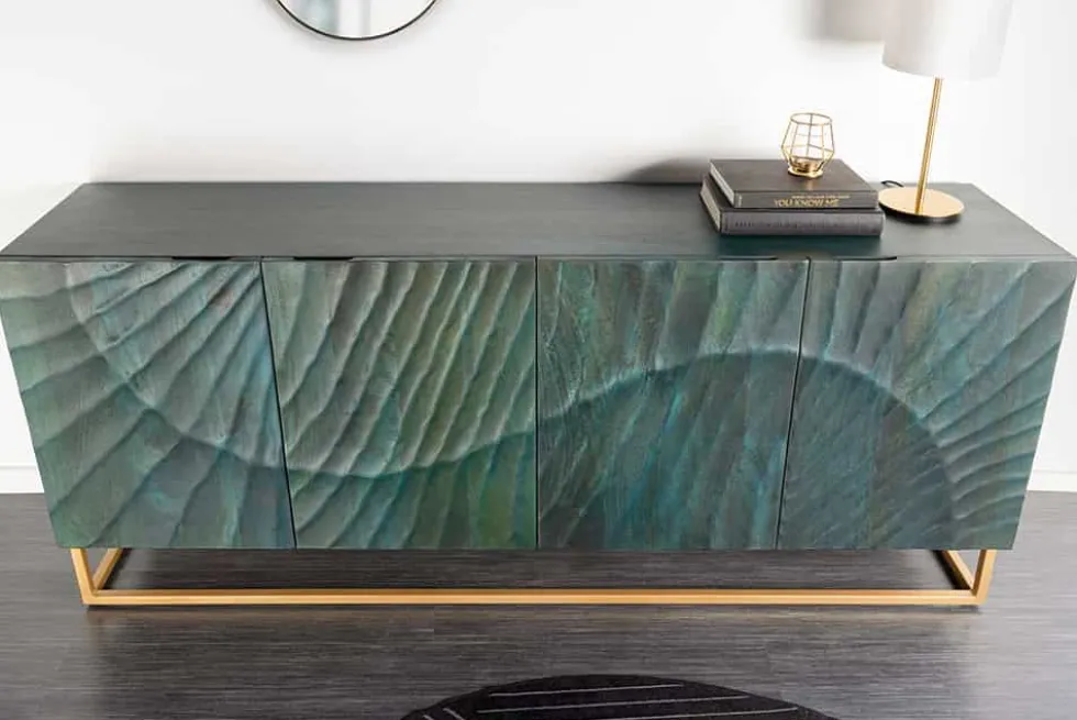 Massives Sideboard SCORPION 180cm türkis Mangoholz gold Metall 3D Schnitzereien