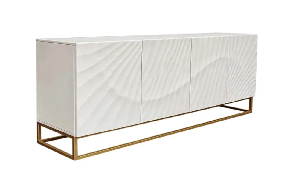 Massives Sideboard SCORPION 180cm weiß Mangoholz gold Metall 3D-Schnitzereien