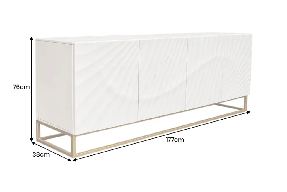 Massives Sideboard SCORPION 180cm weiß Mangoholz gold Metall 3D-Schnitzereien