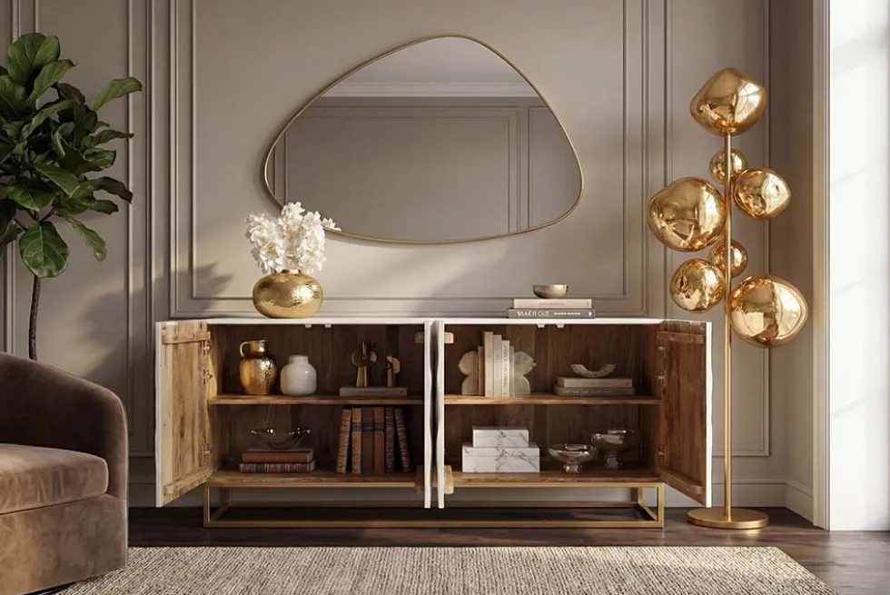 Massives Sideboard SCORPION 180cm weiß Mangoholz gold Metall 3D-Schnitzereien