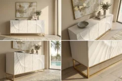 Massives Sideboard SCORPION 180cm weiß Mangoholz gold Metall 3D-Schnitzereien