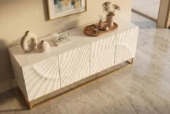 Massives Sideboard SCORPION 180cm weiß Mangoholz gold Metall 3D-Schnitzereien