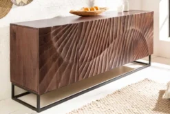 Massives Sideboard SCORPION 180cm dunkelbraun Akazie mit 3D Schnitzereien schwarz Metall