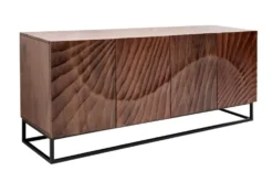 Massives Sideboard SCORPION 180cm dunkelbraun Akazie mit 3D Schnitzereien schwarz Metall