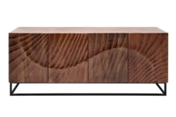 Massives Sideboard SCORPION 180cm dunkelbraun Akazie mit 3D Schnitzereien schwarz Metall