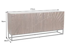Massives Sideboard SCORPION 180cm dunkelbraun Akazie mit 3D Schnitzereien schwarz Metall