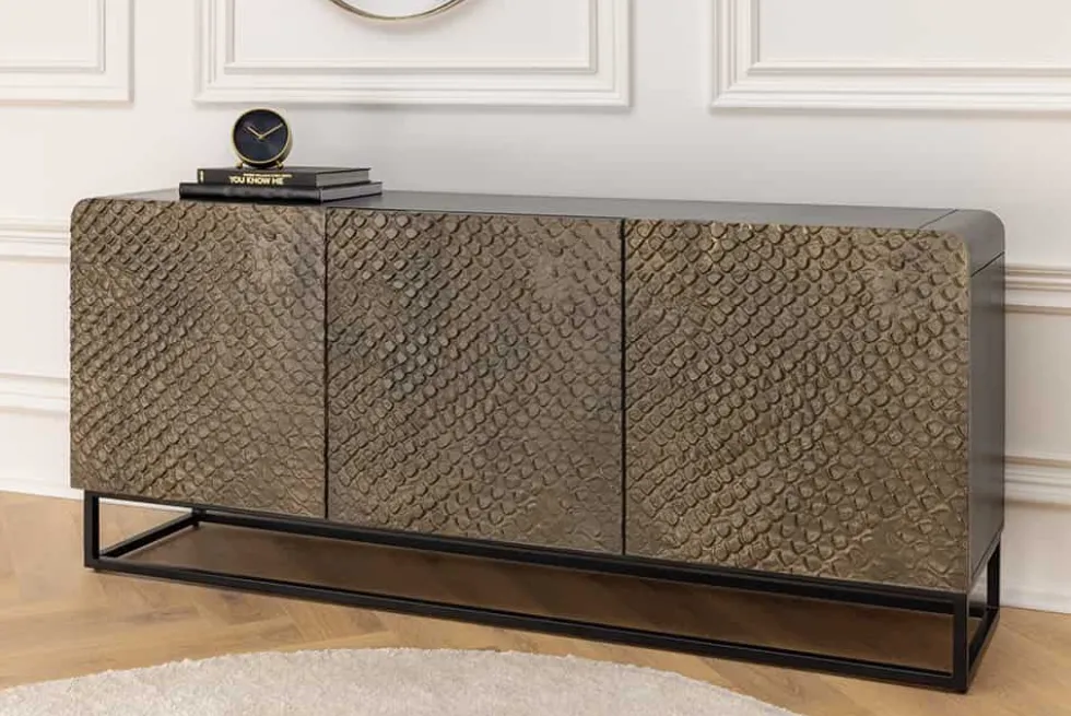 Massives Sideboard SNAKE 160cm braun Mangoholz mit 3D Schnitzereien schwarz Schlangen-Design