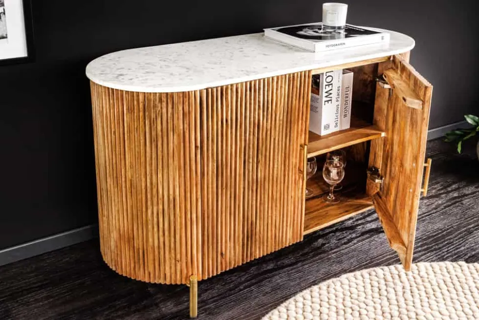 Massives Sideboard TRES CHIC 105cm natur Mangoholz weiß Marmor gold Metall