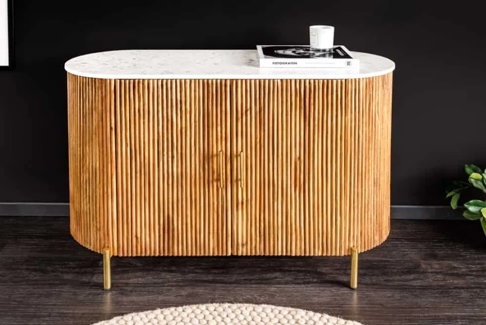 Massives Sideboard TRES CHIC 105cm natur Mangoholz weiß Marmor gold Metall