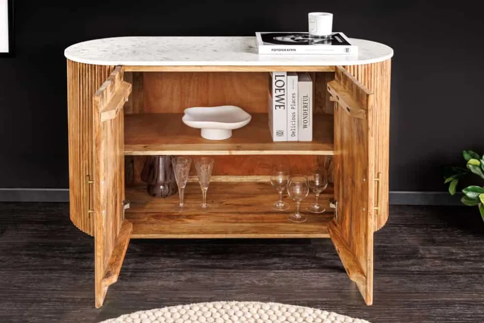 Massives Sideboard TRES CHIC 105cm natur Mangoholz weiß Marmor gold Metall