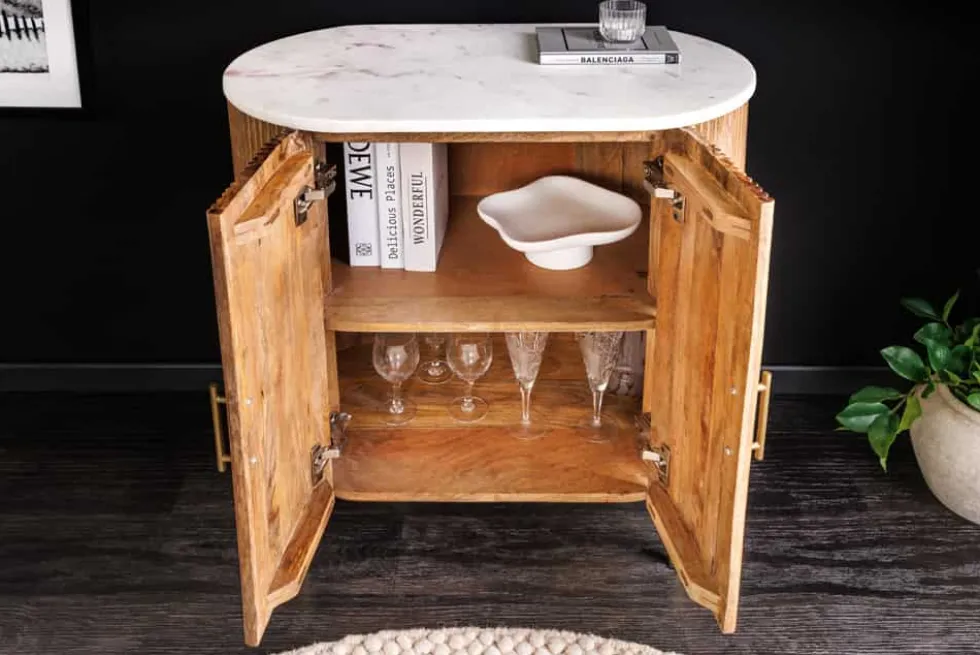 Massives Sideboard TRES CHIC 75cm natur Mangoholz weiß Marmor gold Metall