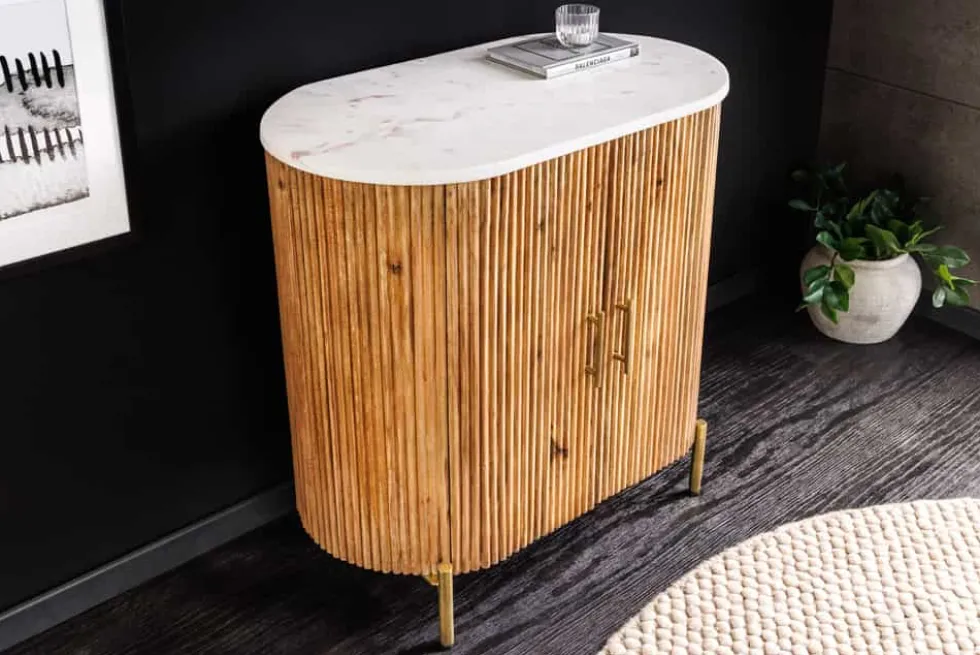Massives Sideboard TRES CHIC 75cm natur Mangoholz weiß Marmor gold Metall