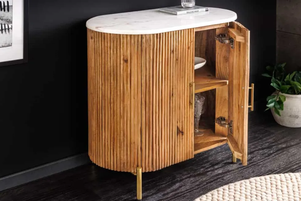 Massives Sideboard TRES CHIC 75cm natur Mangoholz weiß Marmor gold Metall