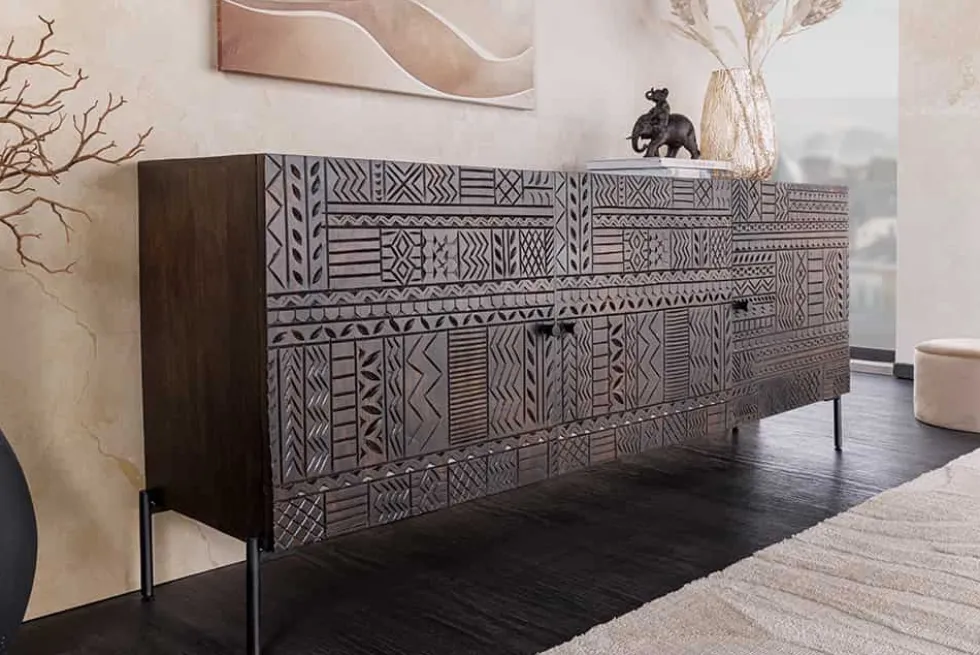 Massives Sideboard TRIBAL 180cm antik braun Mangoholz 3D-Front viel Stauraum