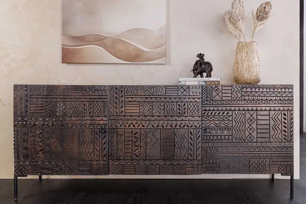 Massives Sideboard TRIBAL 180cm antik braun Mangoholz 3D-Front viel Stauraum