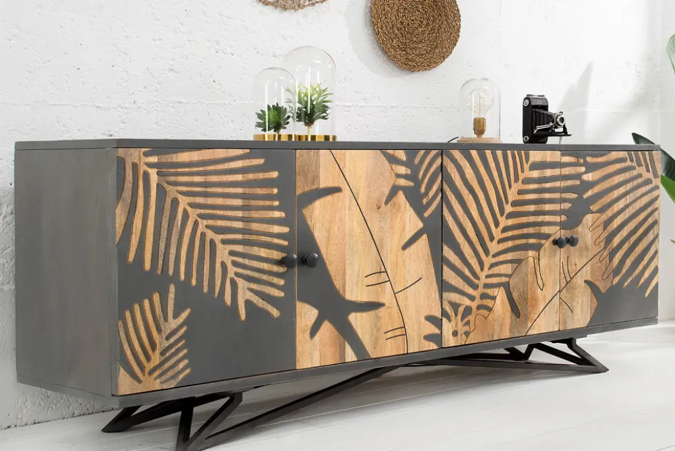 Massives Sideboard TROPICAL 160cm grau Mangoholz florales Design Boho Metallgestell