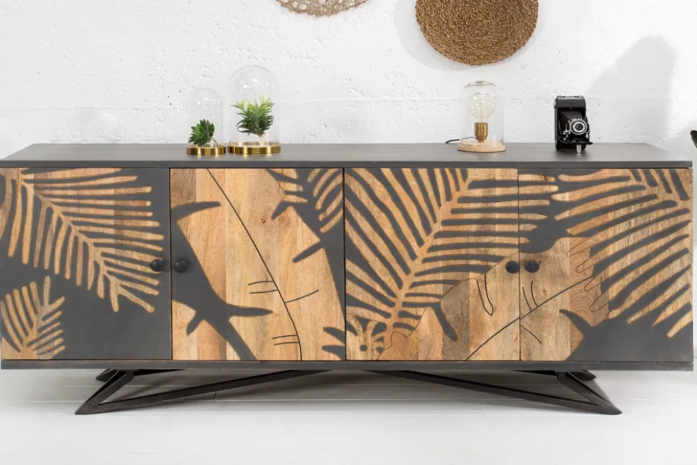 Massives Sideboard TROPICAL 160cm grau Mangoholz florales Design Boho Metallgestell