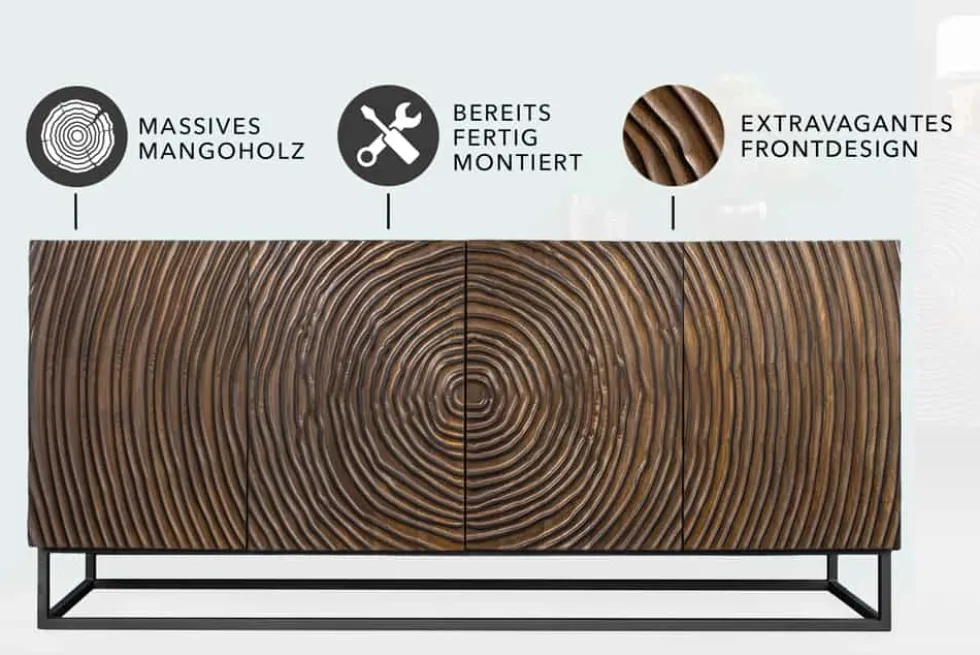 Massives Sideboard ZEN CIRCLES 180cm dunkelbraun Mangoholz 3D-Design
