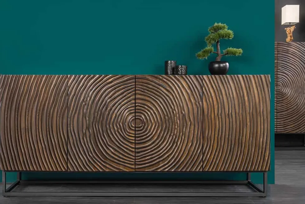 Massives Sideboard ZEN CIRCLES 180cm dunkelbraun Mangoholz 3D-Design
