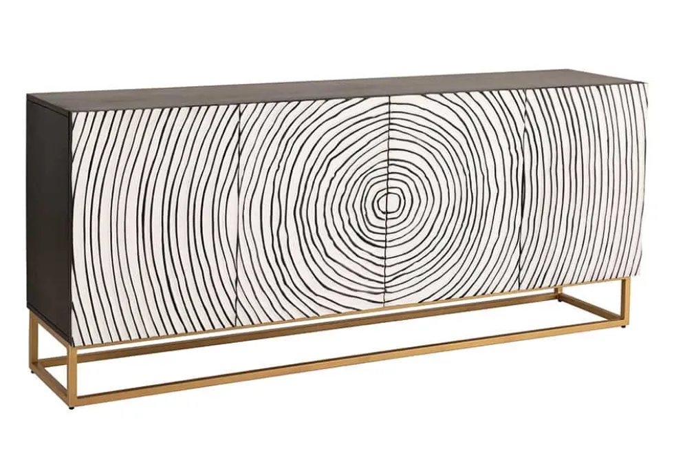 Massives Sideboard ZEN CIRCLES 180cm weiß schwarz gold Mangoholz 3D-Design