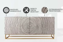 Massives Sideboard ZEN CIRCLES 180cm weiß schwarz gold Mangoholz 3D-Design