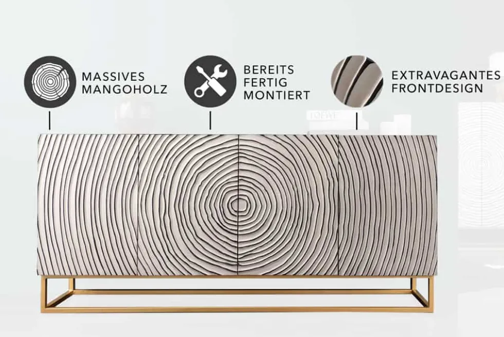 Massives Sideboard ZEN CIRCLES 180cm weiß schwarz gold Mangoholz 3D-Design