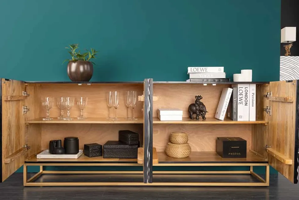 Massives Sideboard ZEN CIRCLES 180cm weiß schwarz gold Mangoholz 3D-Design