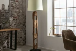 Massive Stehlampe BARRACUDA 177cm natur Akazienholz Baumwollschirm weiß Baumstamm