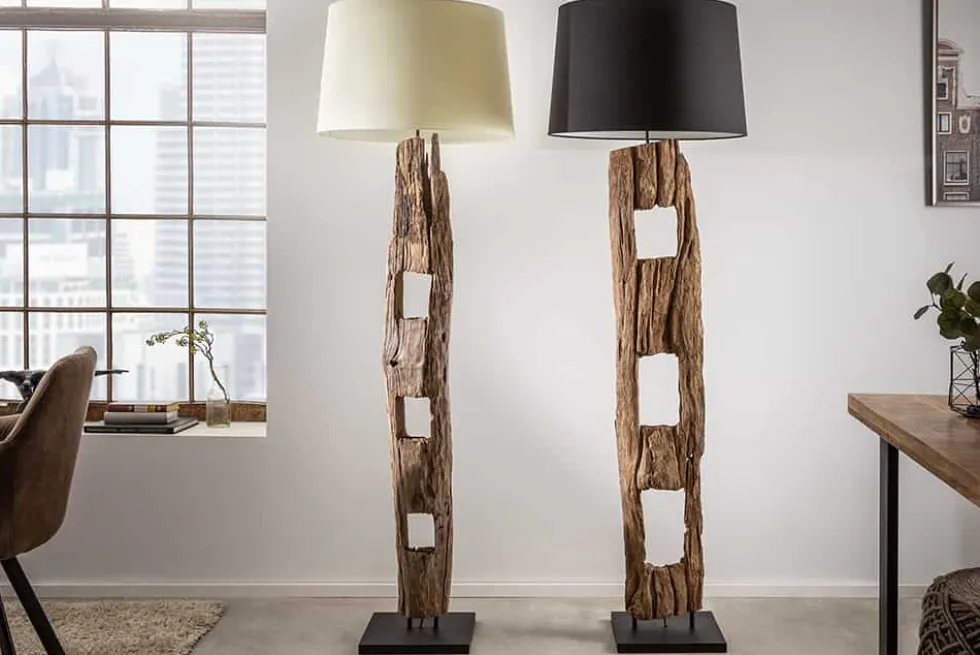 Massive Stehlampe BARRACUDA 177cm natur Akazienholz Baumwollschirm weiß Baumstamm