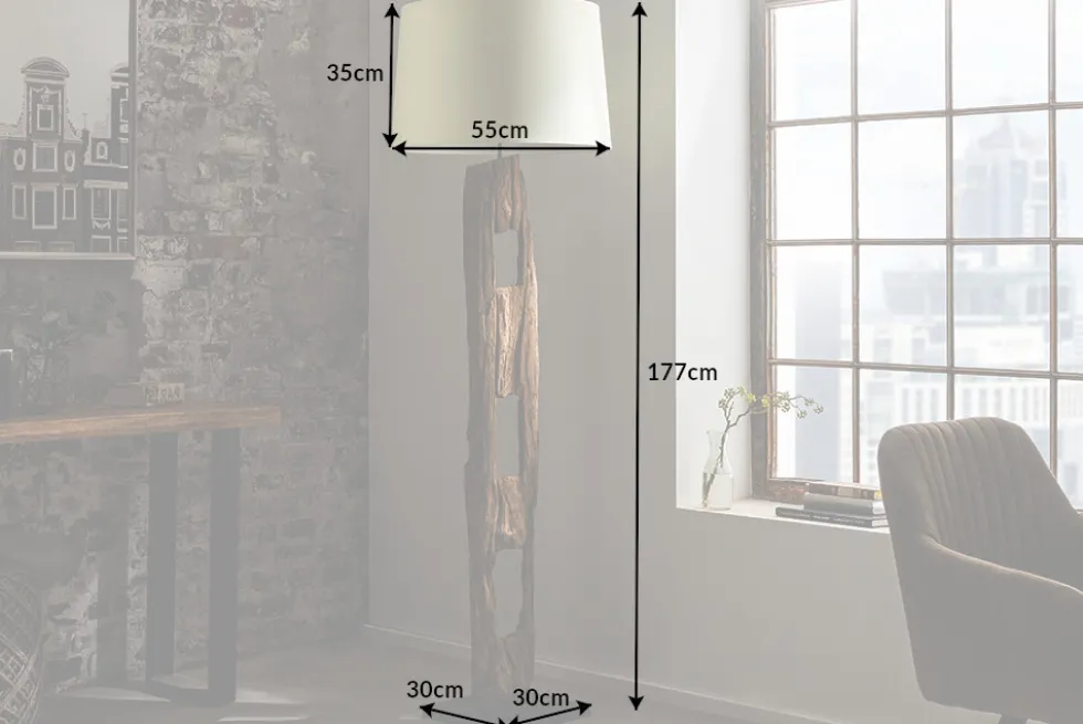 Massive Stehlampe BARRACUDA 177cm natur Akazienholz Baumwollschirm weiß Baumstamm