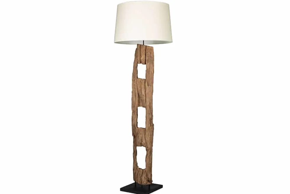 Massive Stehlampe BARRACUDA 177cm natur Akazienholz Baumwollschirm weiß Baumstamm
