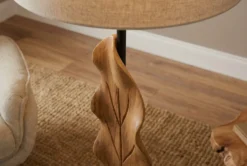 Massive Stehlampe LEAF 130cm weiß natur Teakholz Blatt-Design mit Stoffschirm