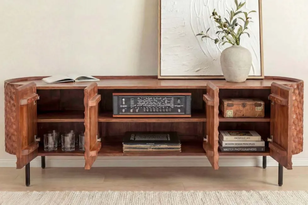 Massives TV-Board ADLON 160cm braun Mangoholz schwarz Metall Lowboard mit 3D- Front