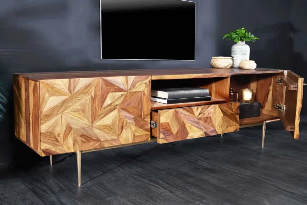 Massives TV-Board ALPINE 160cm braun Sheesham stone finish Metall matt gold