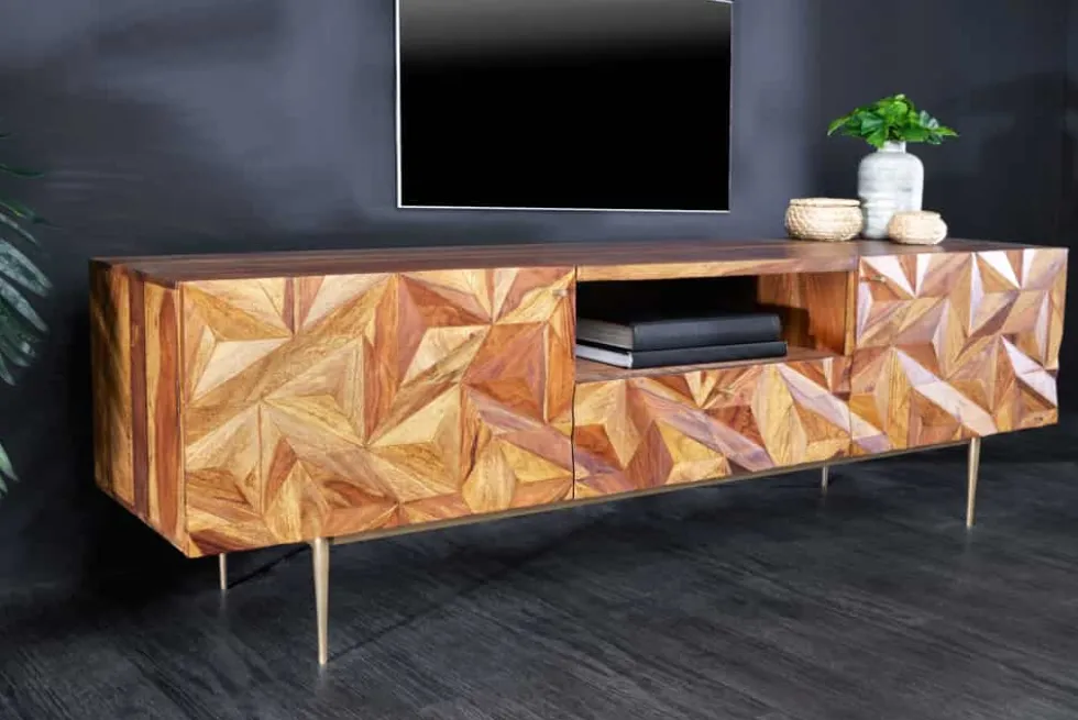 Massives TV-Board ALPINE 160cm braun Sheesham stone finish Metall matt gold