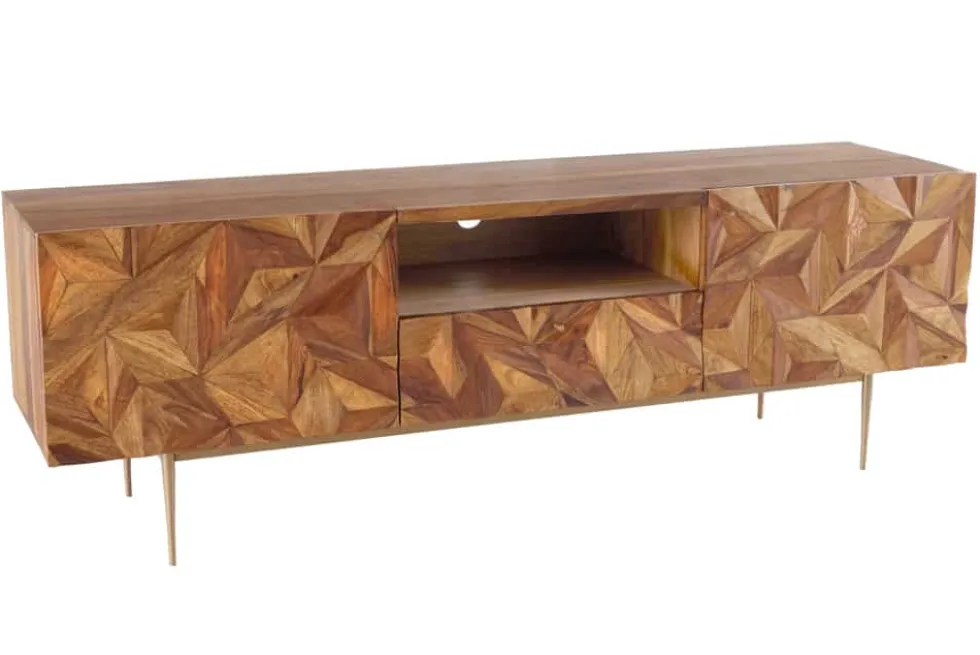 Massives TV-Board ALPINE 160cm braun Sheesham stone finish Metall matt gold